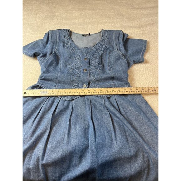 Vintage Farmhouse Cottage Core Modest Denim Maxi Dress Embroidered Vest LARGE - Picture 7 of 8